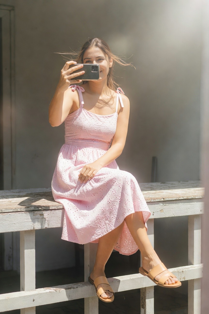 Young woman taking a selfie in a pink eyelet spaghetti-strap sundress with bow details, sitting on a wooden railing wearing tan flat sandals, soft lighting highlighting the outfit's texture and flow