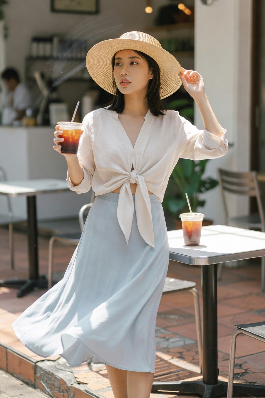Young Asian woman in wide-brim straw hat, white linen blouse tied at waist with rolled sleeves, and light blue flowy midi skirt, holding iced coffee outdoors near cafe tables