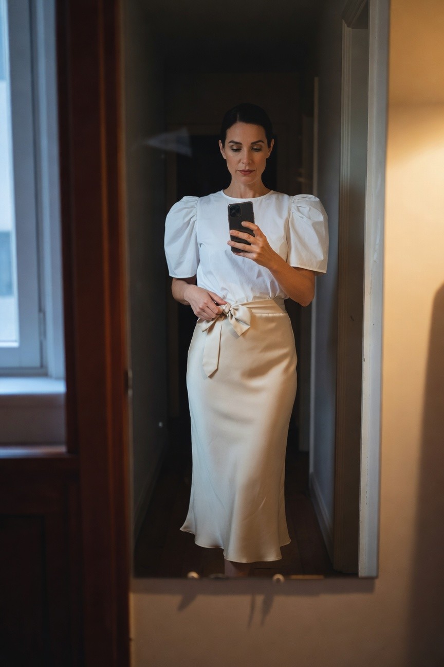 Woman taking a mirror selfie in a hallway, dressed in a white puffed-sleeve blouse tucked into a cream satin midi skirt with a bow belt at the waist, holding her phone.