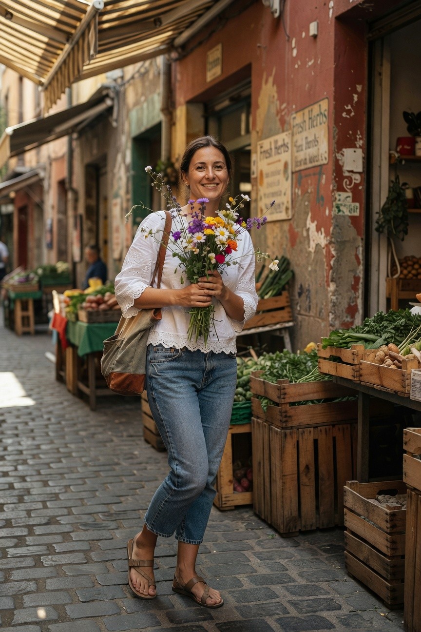 Woman in a white lace-trimmed blouse, slim light blue jeans cropped at ankles, tan leather shoulder bag, green canvas tote, and brown strappy sandals, holding a colorful bouquet of flowers while standing in a market alley