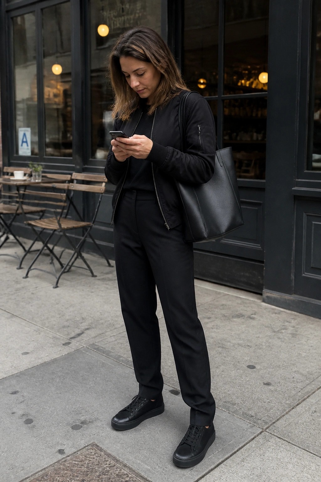 Woman in black bomber jacket checks phone on sidewalk with tote bag