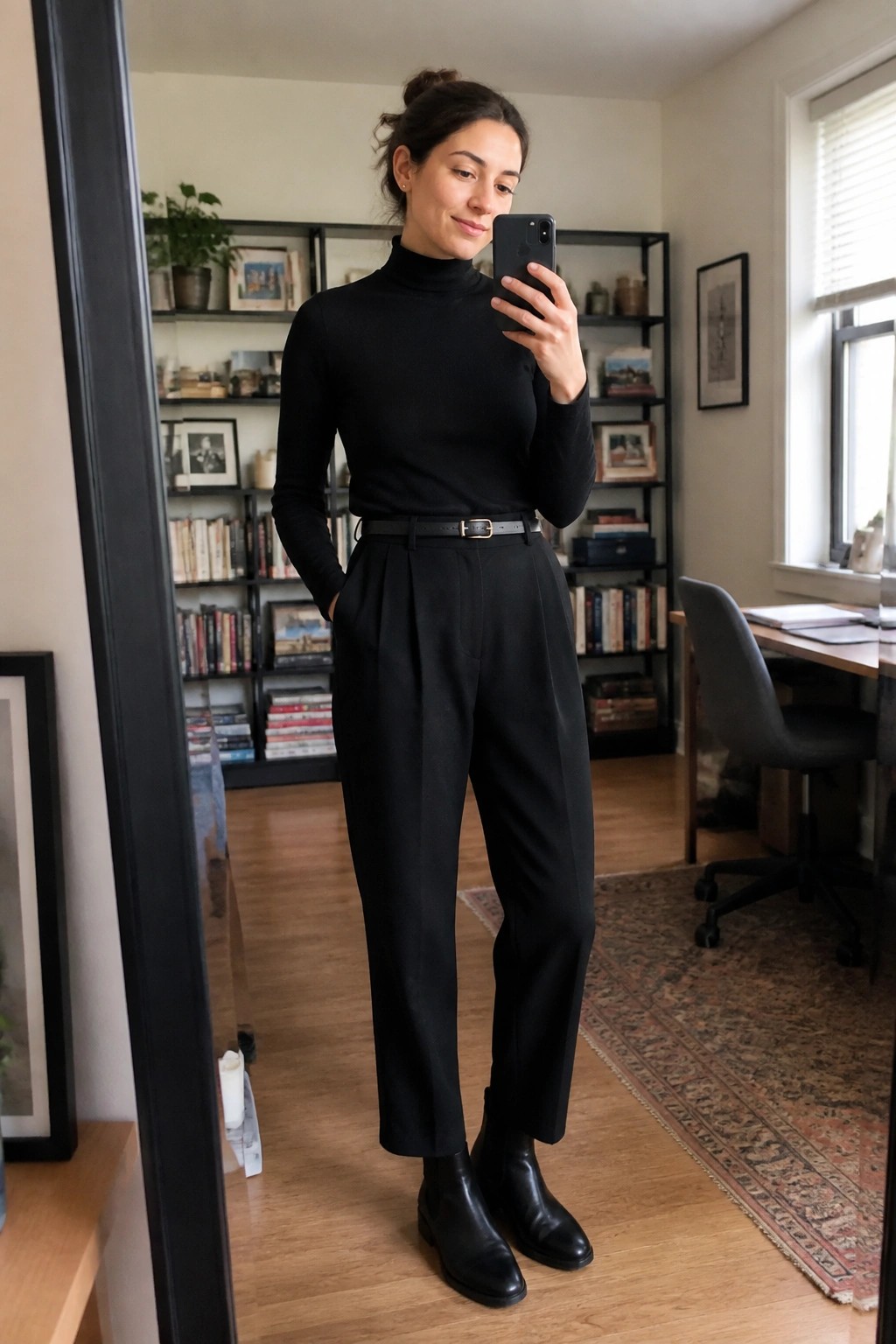 Woman in black turtleneck and pleated pants taking mirror selfie in study.