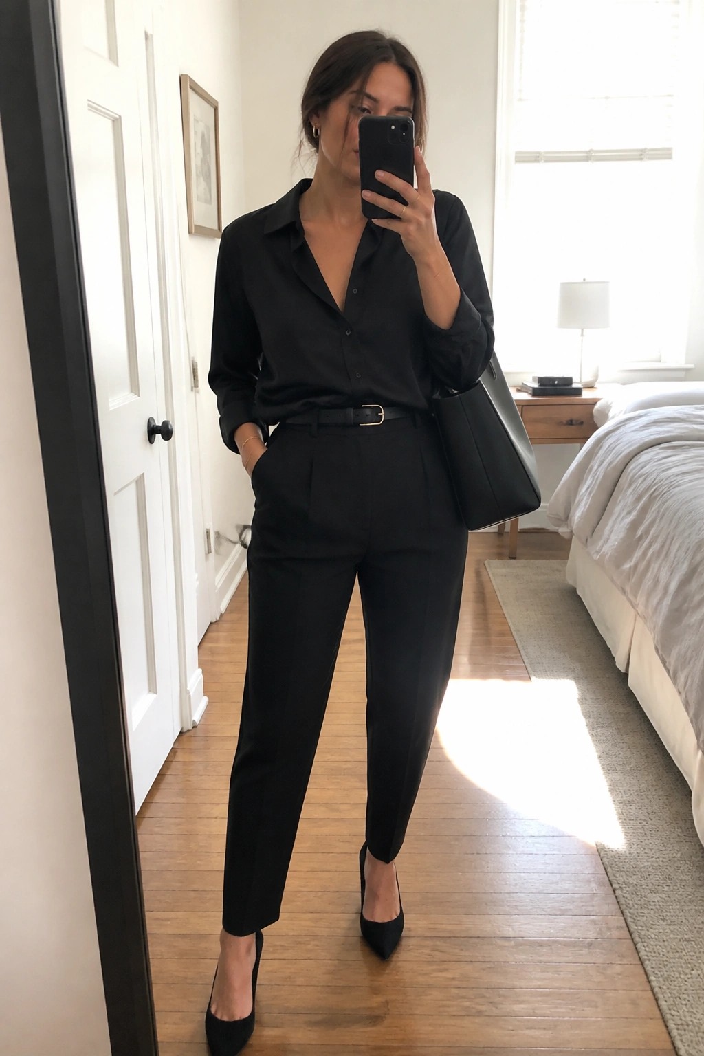 Woman in black shirt and trousers taking mirror selfie in bedroom