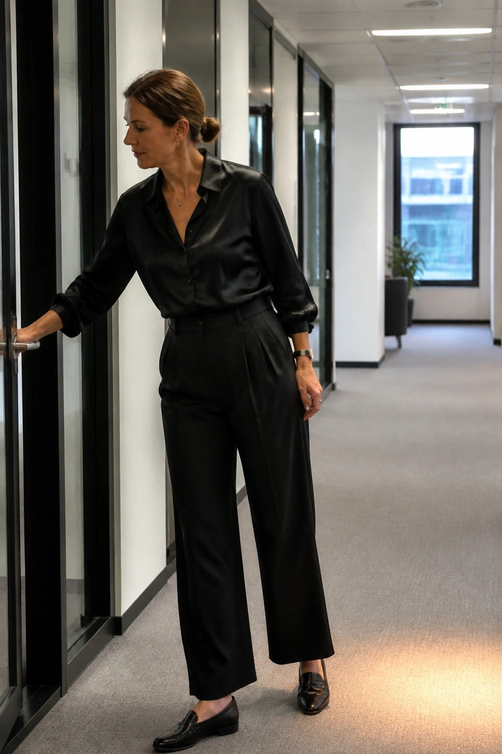 Woman in black satin blouse and pleated trousers holding office door handle