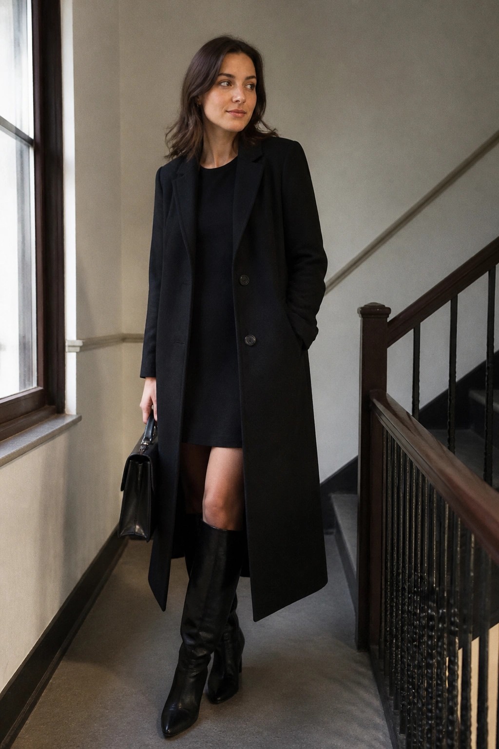 Woman in long black coat and boots holding handbag by staircase