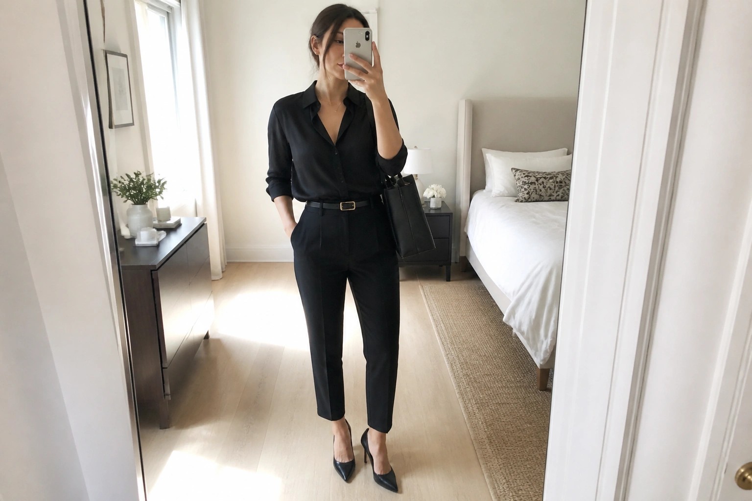 Woman in black shirt and trousers taking mirror selfie in bedroom