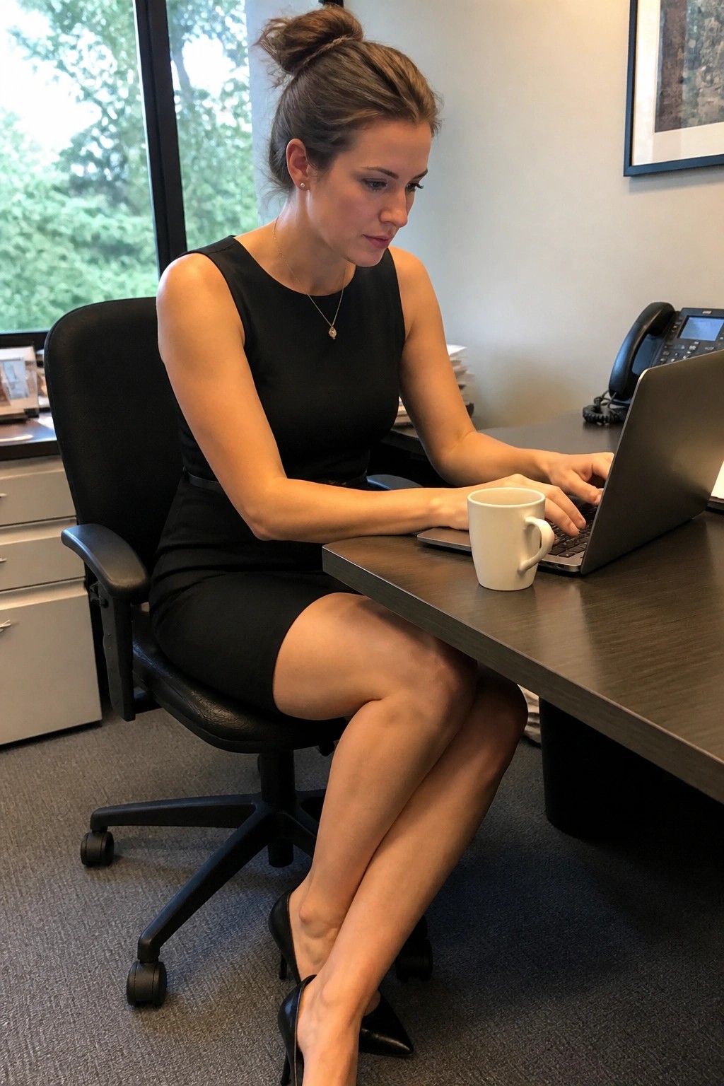Woman in black dress typing on laptop at office desk with white mug