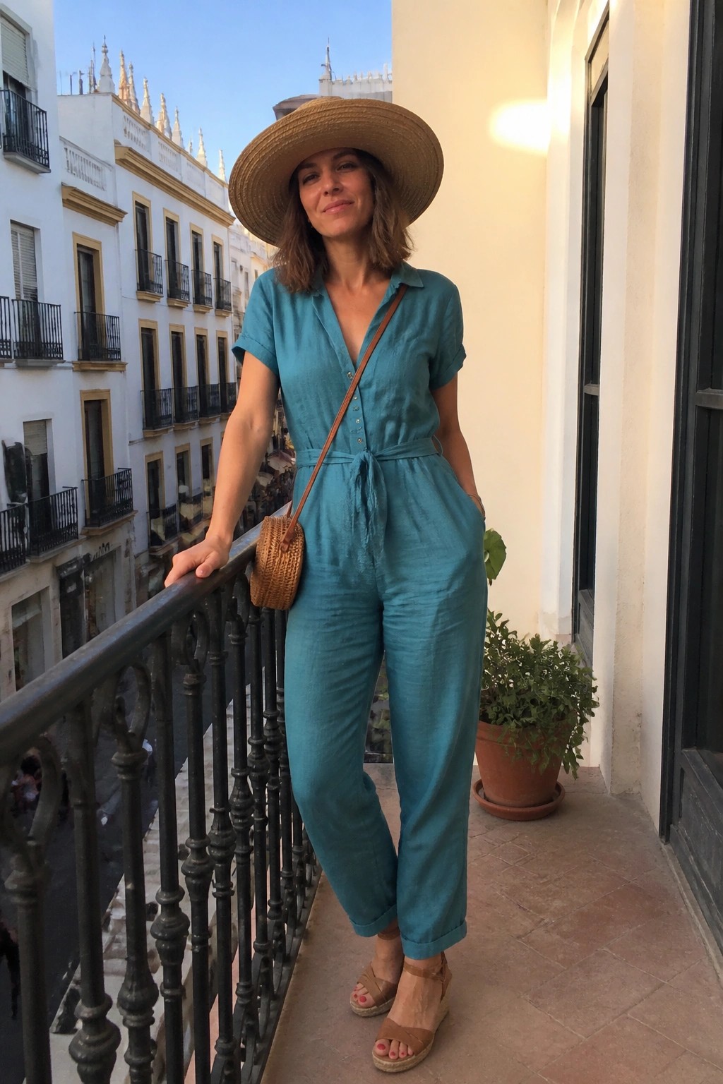 Woman wearing a teal linen jumpsuit with short sleeves, tie belt, rolled hems, paired with a straw hat, woven crossbody bag, and brown wedge sandals.