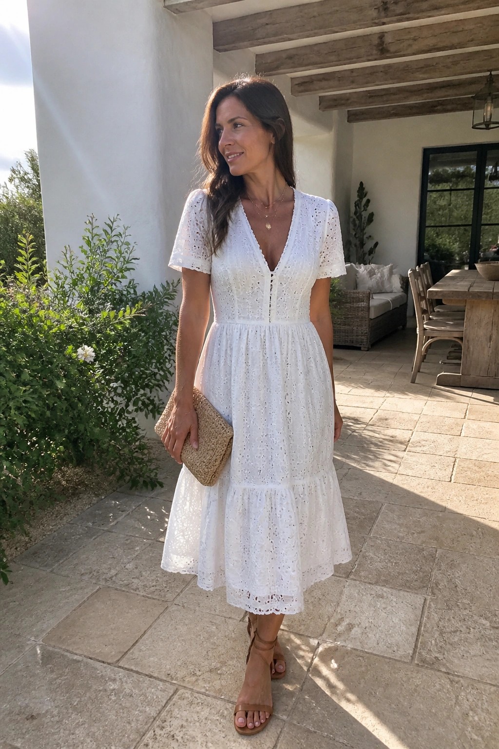 Woman in white eyelet lace dress holding woven clutch on stone patio