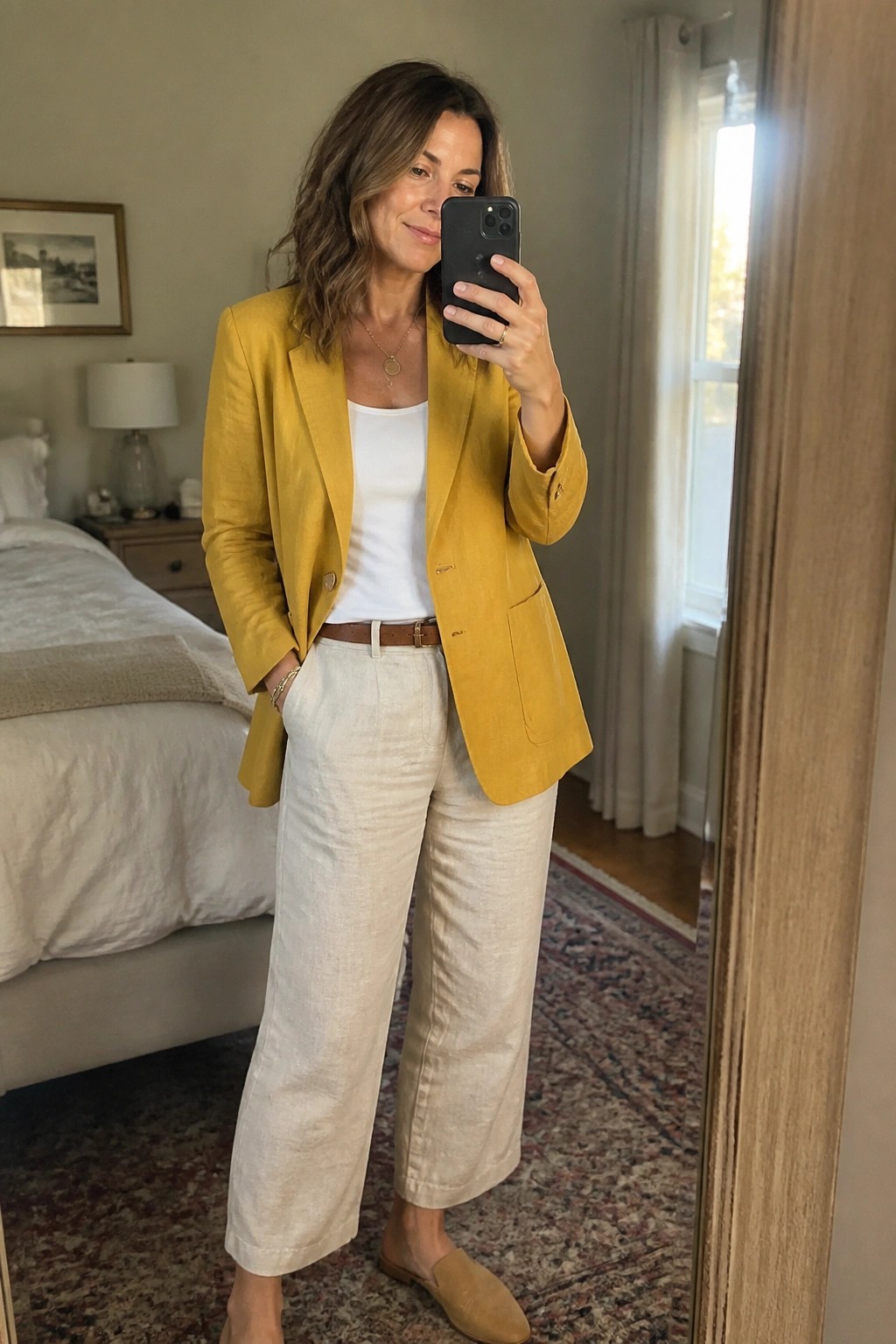 Woman in mustard-yellow blazer and beige linen pants taking bedroom mirror selfie