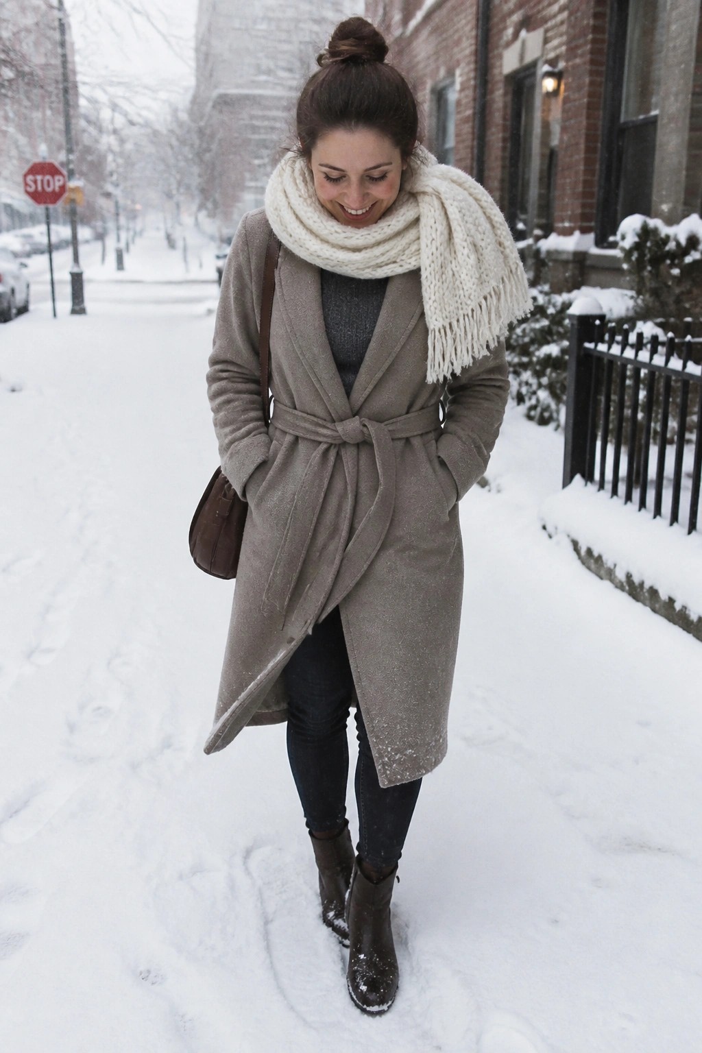 Woman in taupe coat and white scarf walks snowy city sidewalk.