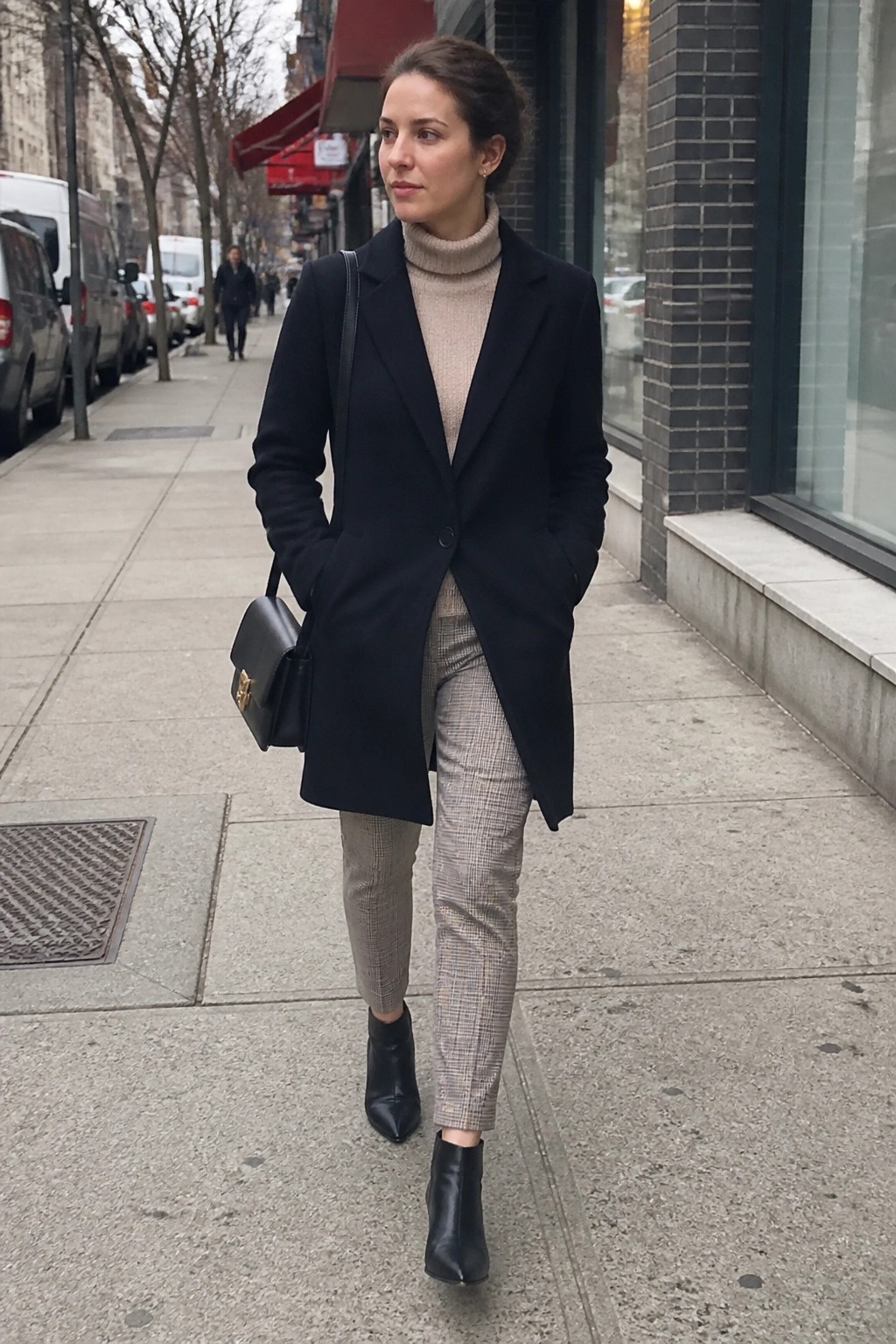 Woman in black coat, beige turtleneck, and plaid pants on city sidewalk