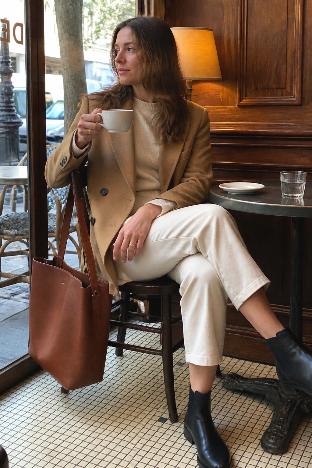 Woman in tan blazer and white pants holding coffee in cafe with brown leather tote.