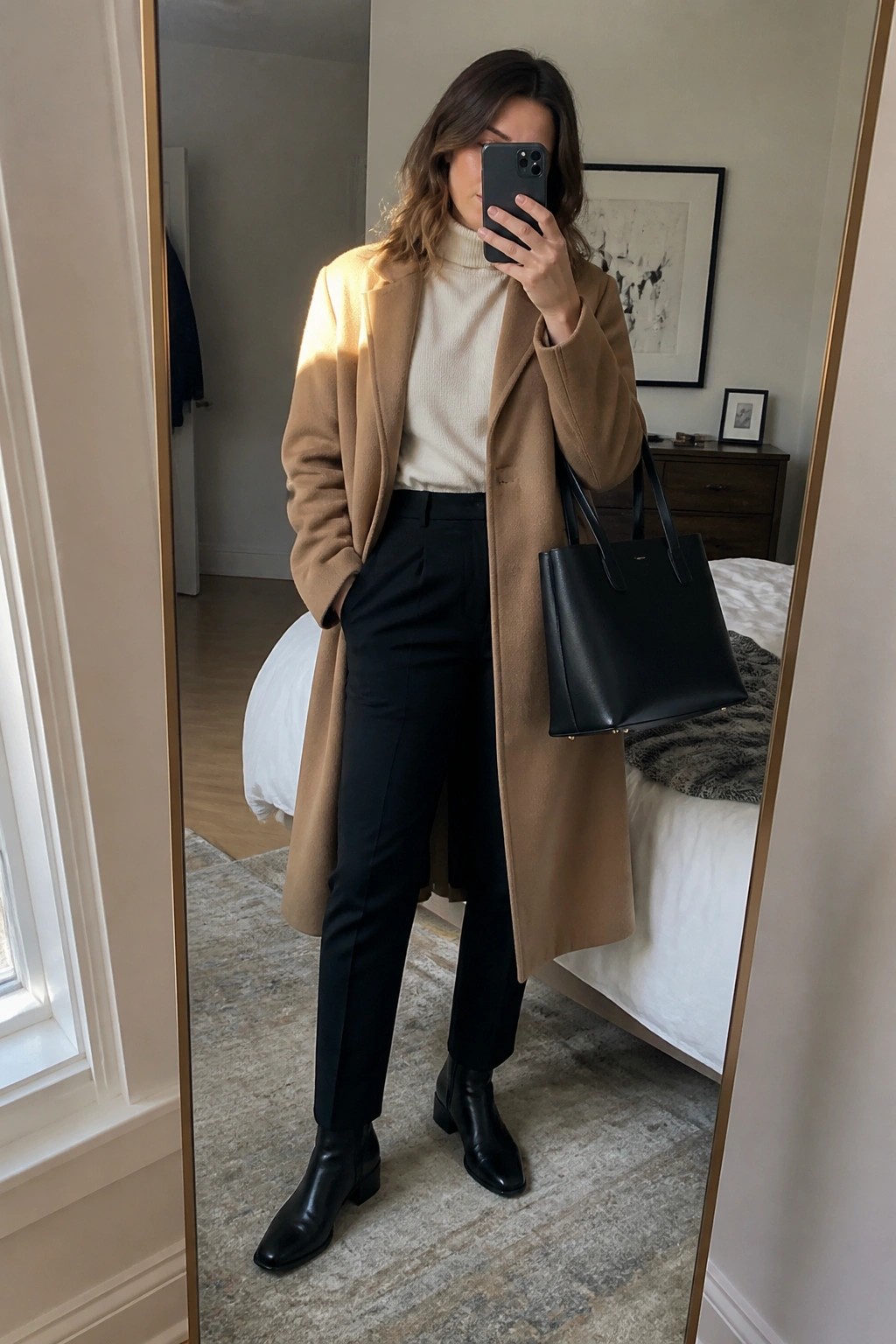 Woman in tan coat, cream sweater, black pants holding tote in mirror selfie.
