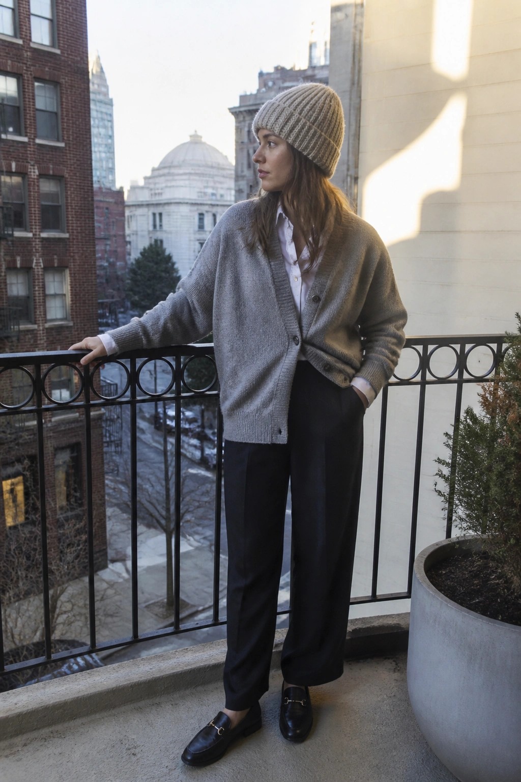 Woman in beige beanie, gray cardigan, and black pants on city balcony.