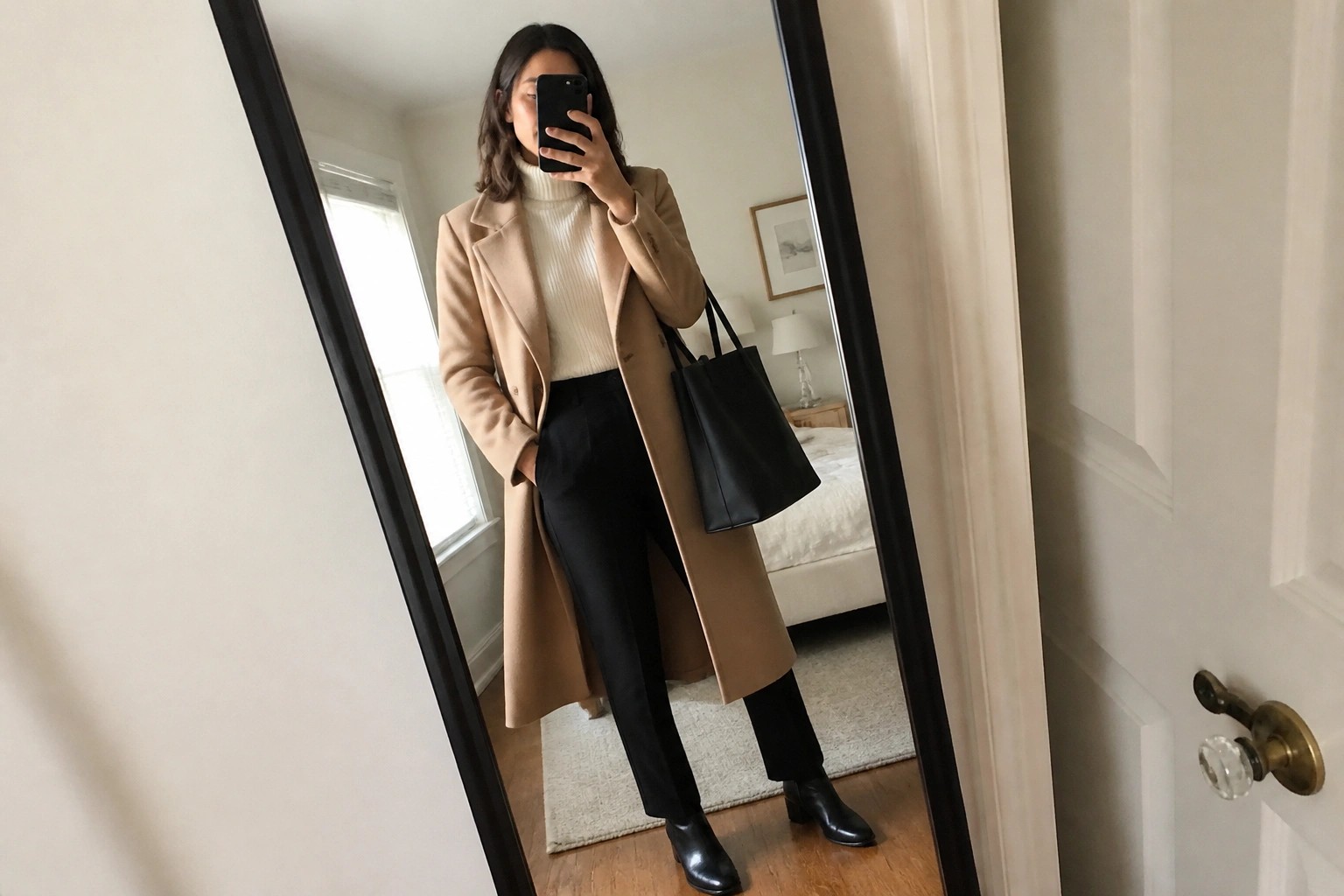 Woman in tan coat, cream sweater, black pants holding tote in mirror selfie.