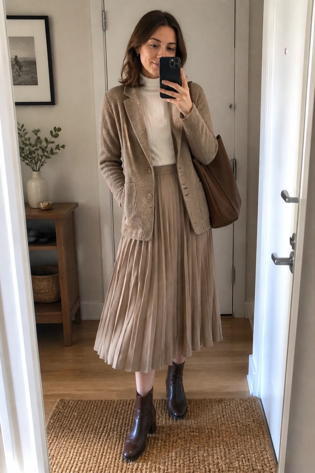 Woman in beige cardigan and pleated skirt taking mirror selfie with phone and tote bag