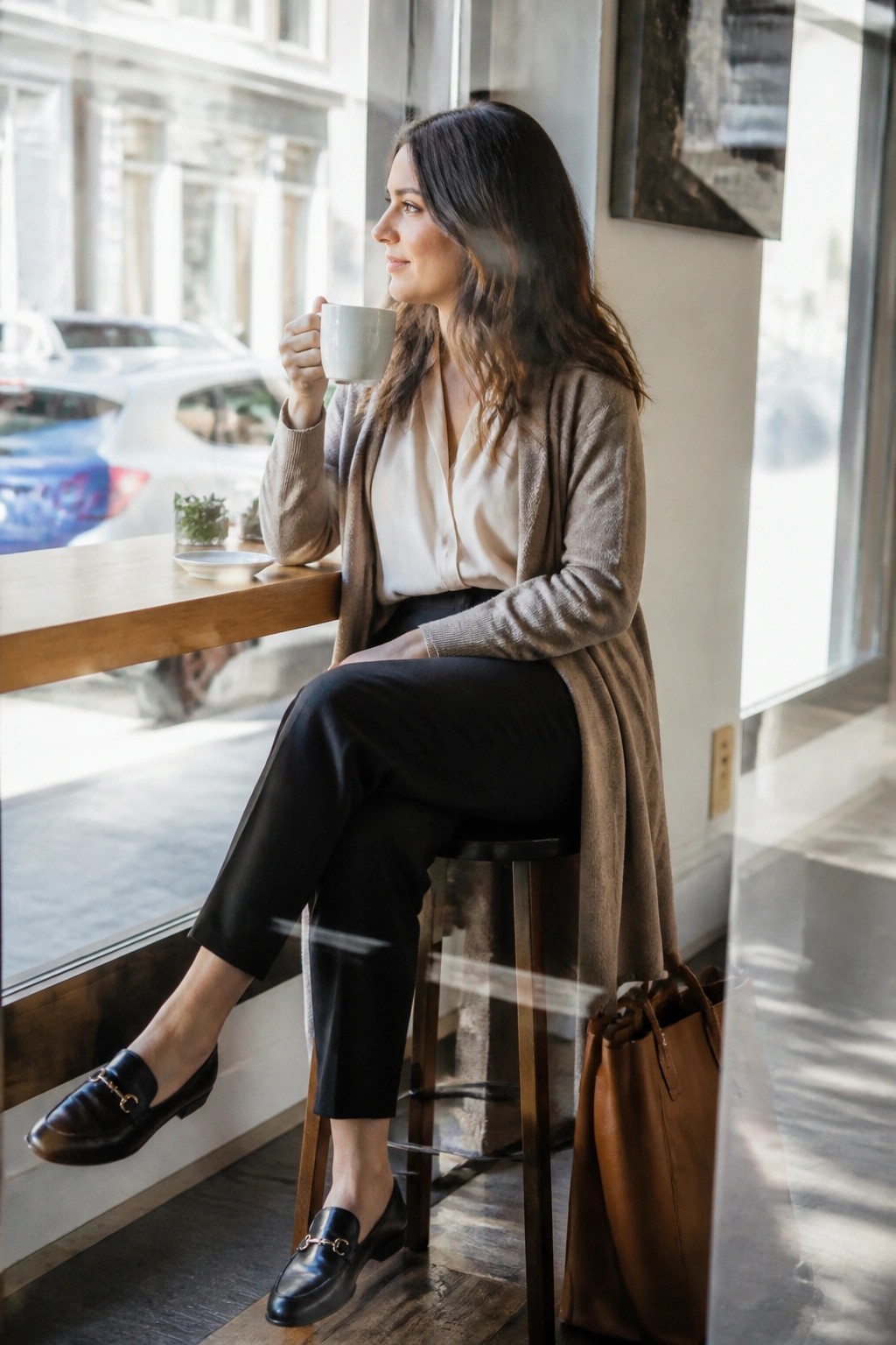 Woman seated wearing a long taupe cardigan over cream blouse black slim pants and black loafers while holding a white mug