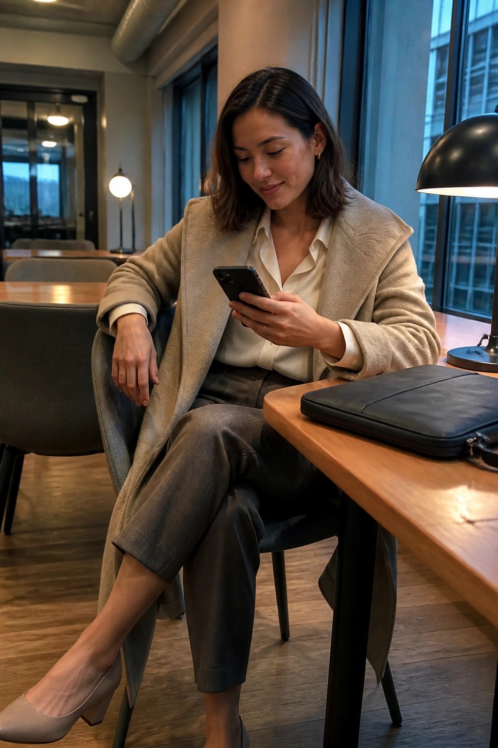 Woman wearing a long beige wool coat over a cream button down shirt and grey trousers with beige block heel pumps while seated and checking her phone at a wooden table.