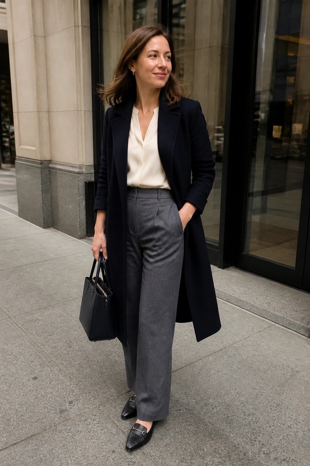 Woman in navy coat over cream blouse with gray pants holding black handbag