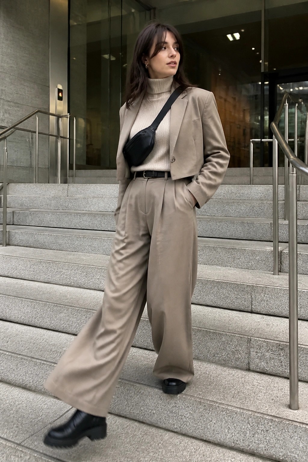 Woman in beige blazer and wide trousers on stone steps with black bag.