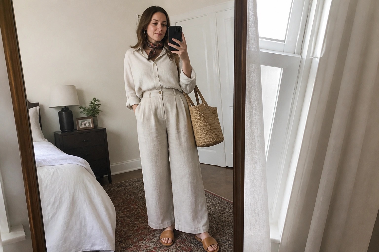 Woman in cream linen shirt and pants holding phone and woven bag in bedroom