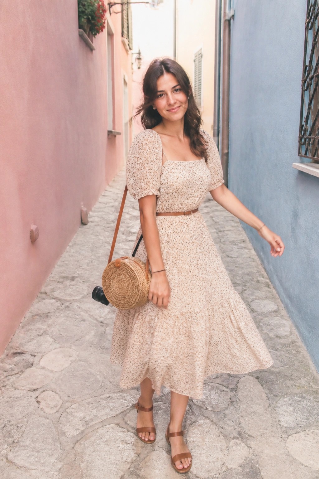 Woman in a beige floral midi dress with puff sleeves, square neckline, thin brown belt, and round woven straw bag paired with brown sandals.