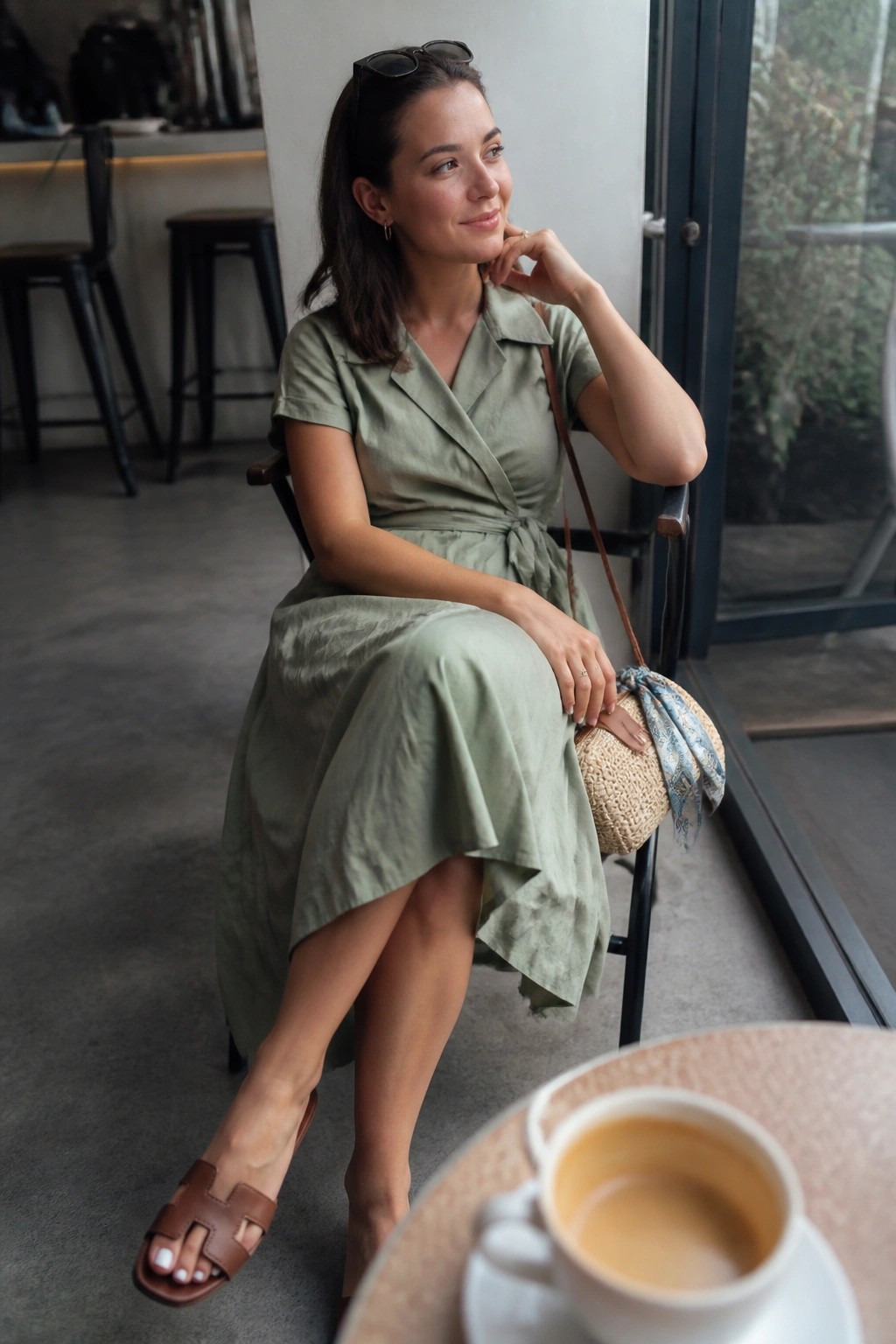 Woman in sage green dress seated with woven bag and coffee in cafe