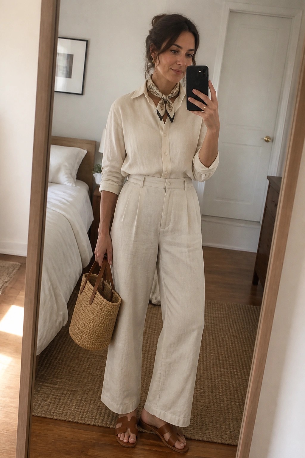 Woman in cream linen shirt and pants holding phone and woven bag in bedroom