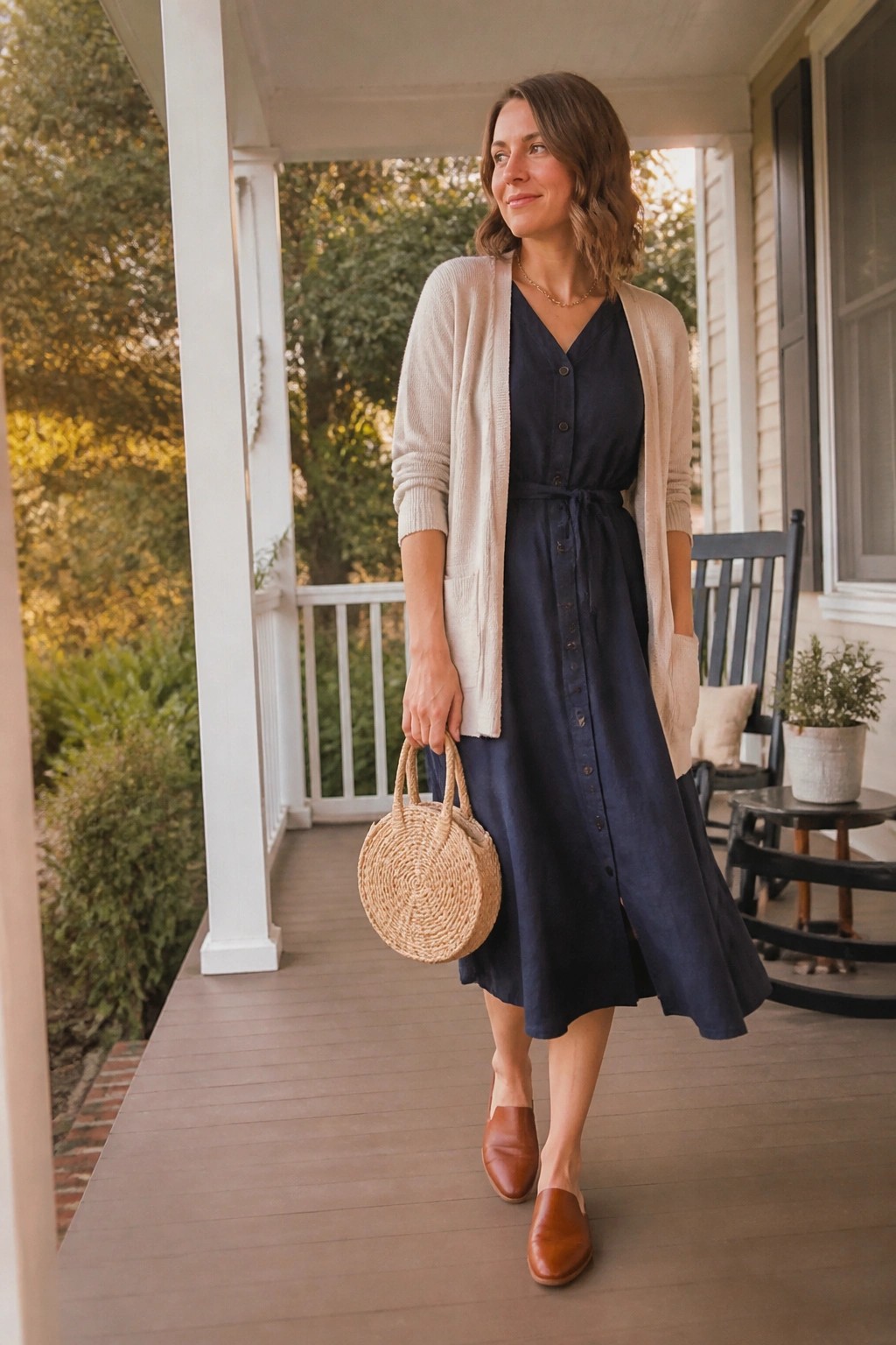 Woman in navy midi dress and beige cardigan holding round straw bag on porch