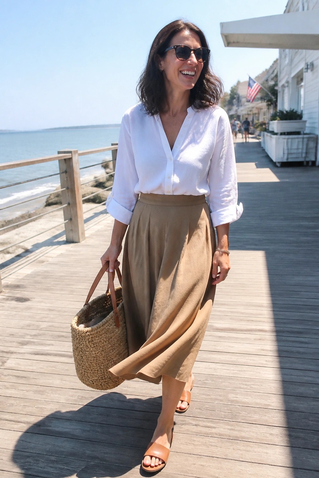 Woman in white shirt and tan skirt carrying woven bag on sunny boardwalk by ocean
