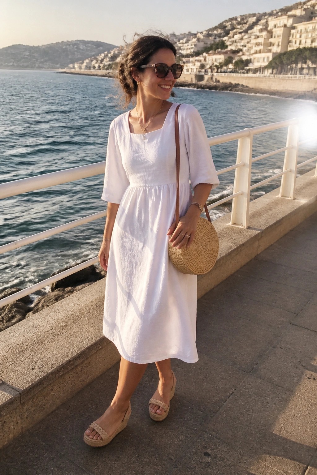 Woman in white dress holding straw bag on sunny seaside promenade
