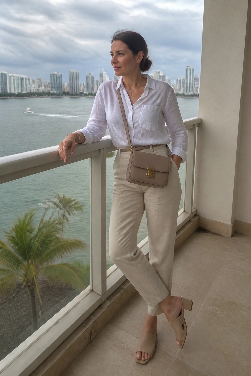 Woman in white linen shirt and beige pants on balcony overlooking water