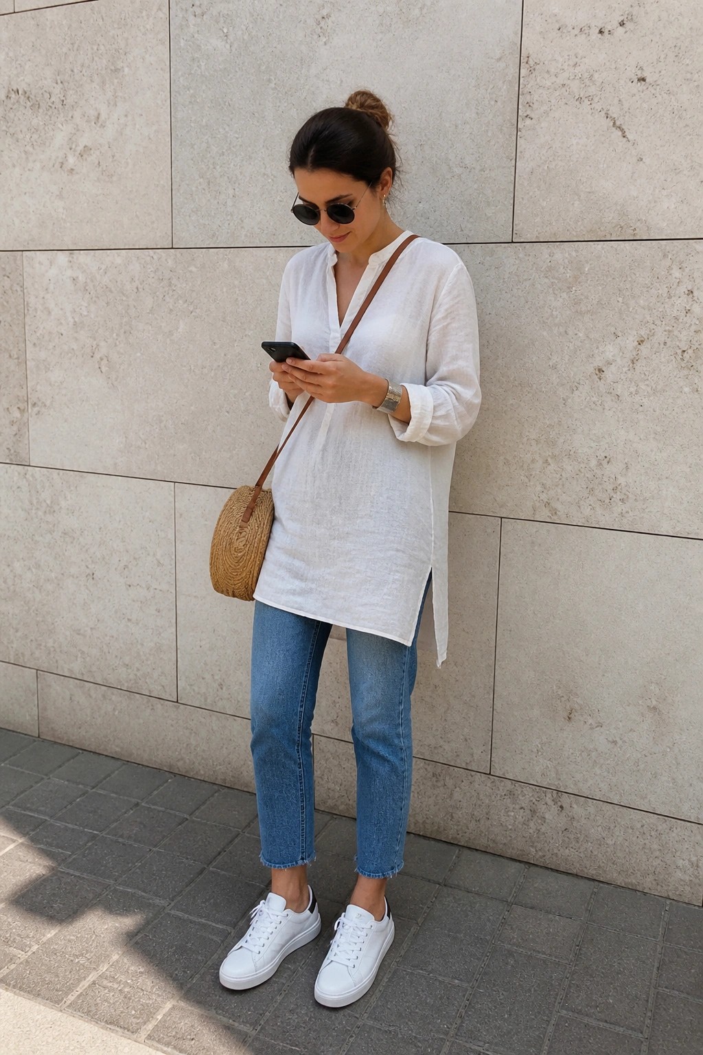 Woman in white tunic and jeans viewing phone by stone wall with woven bag