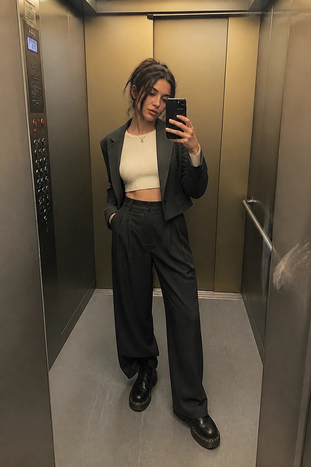 Woman standing in an elevator wearing a cropped gray blazer over a cream ribbed crop top, paired with black wide leg trousers and black chunky boots, holding a phone for a mirror selfie.