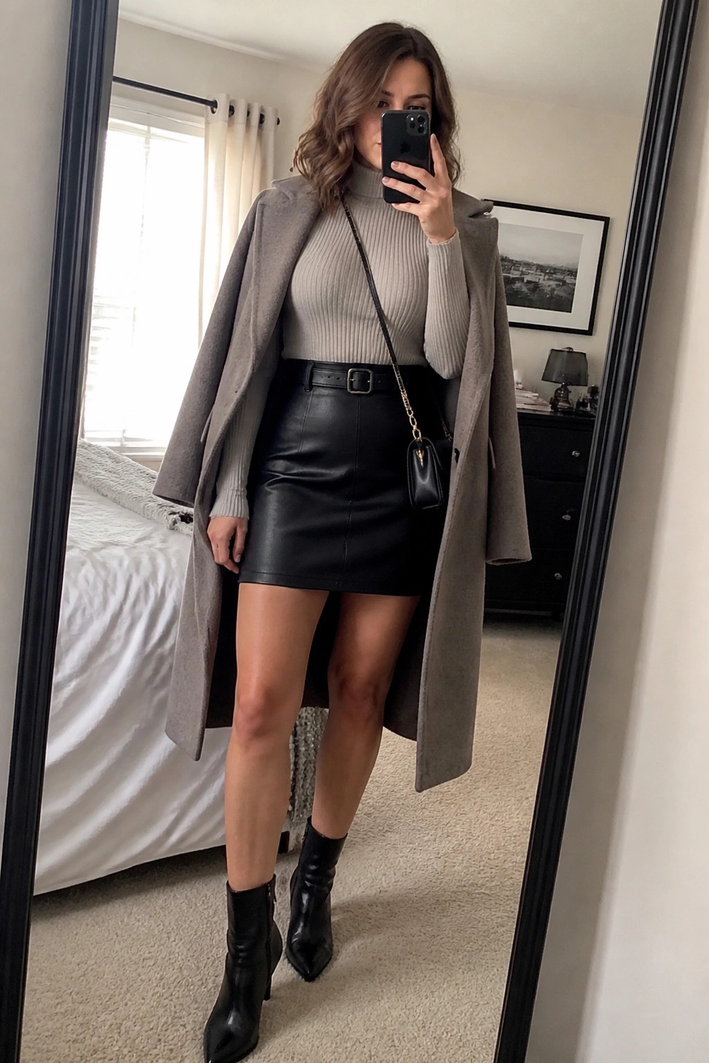 Woman in mirror selfie wearing open gray long coat over beige ribbed turtleneck sweater tucked into black leather mini skirt with black belt, black pointed ankle boots, and small black crossbody bag on gold chain.