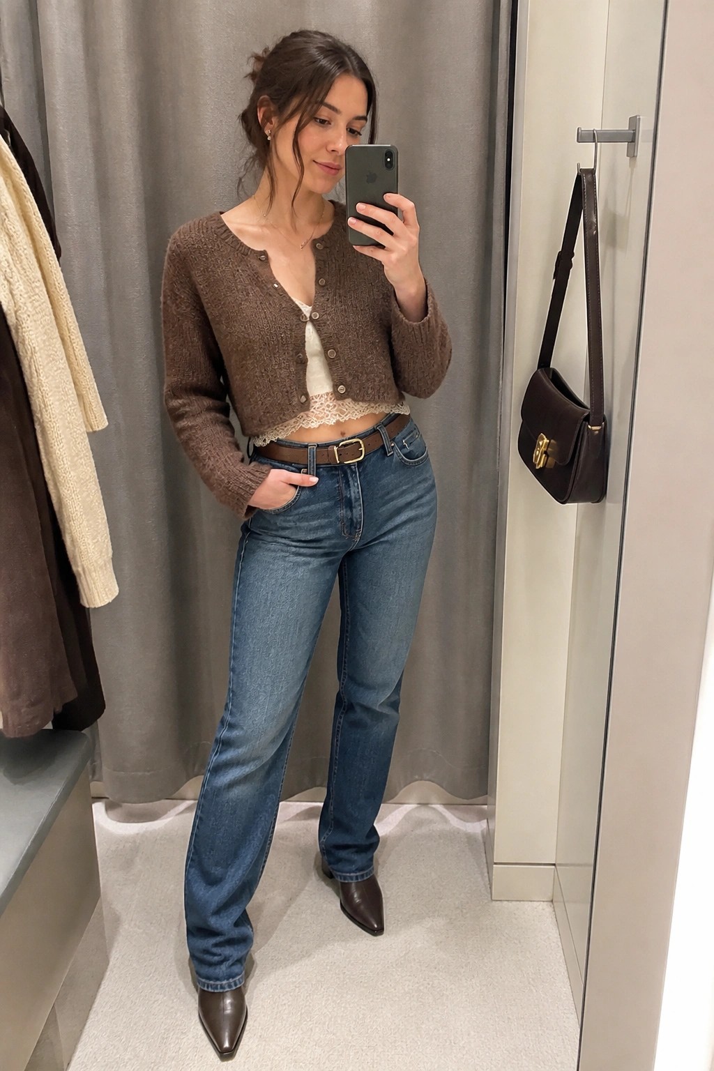 Woman in brown cardigan and jeans taking mirror selfie in dressing room with handbag.