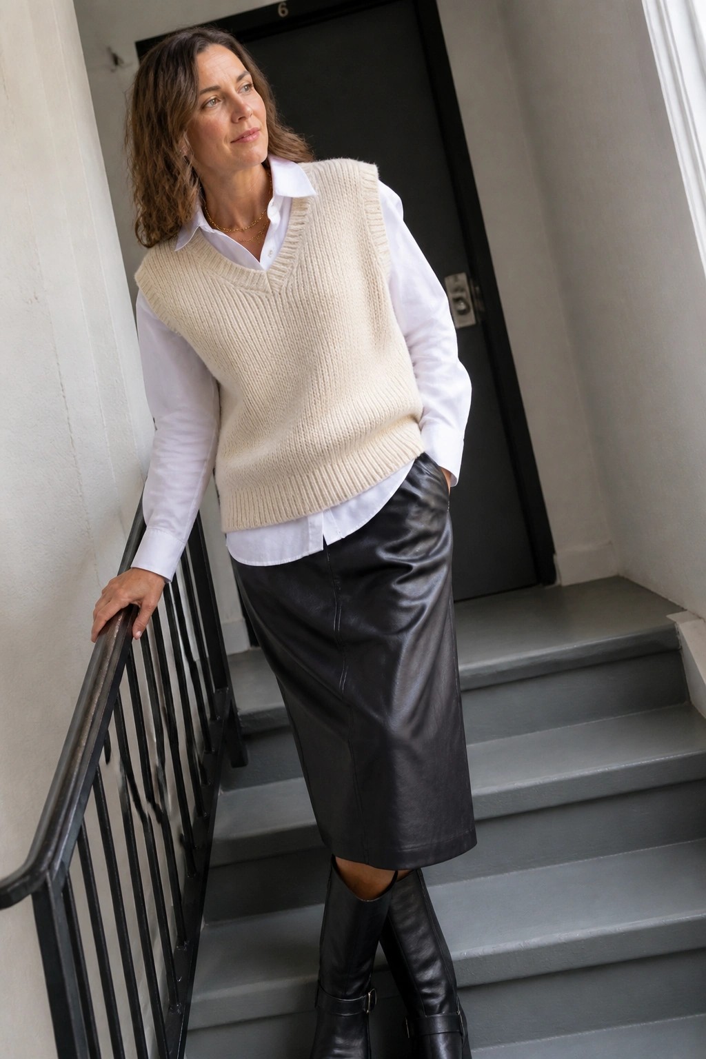 Woman in beige knit vest over white shirt with black leather skirt on stairs