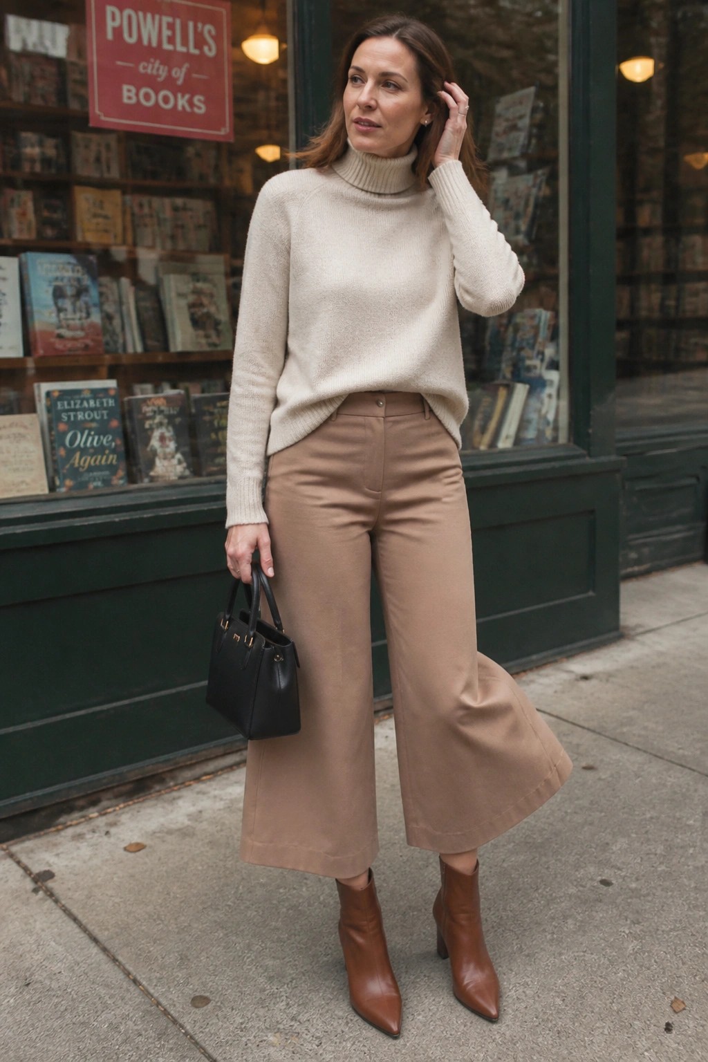 Woman in cream turtleneck and beige wide-leg pants holding black bag outside bookstore