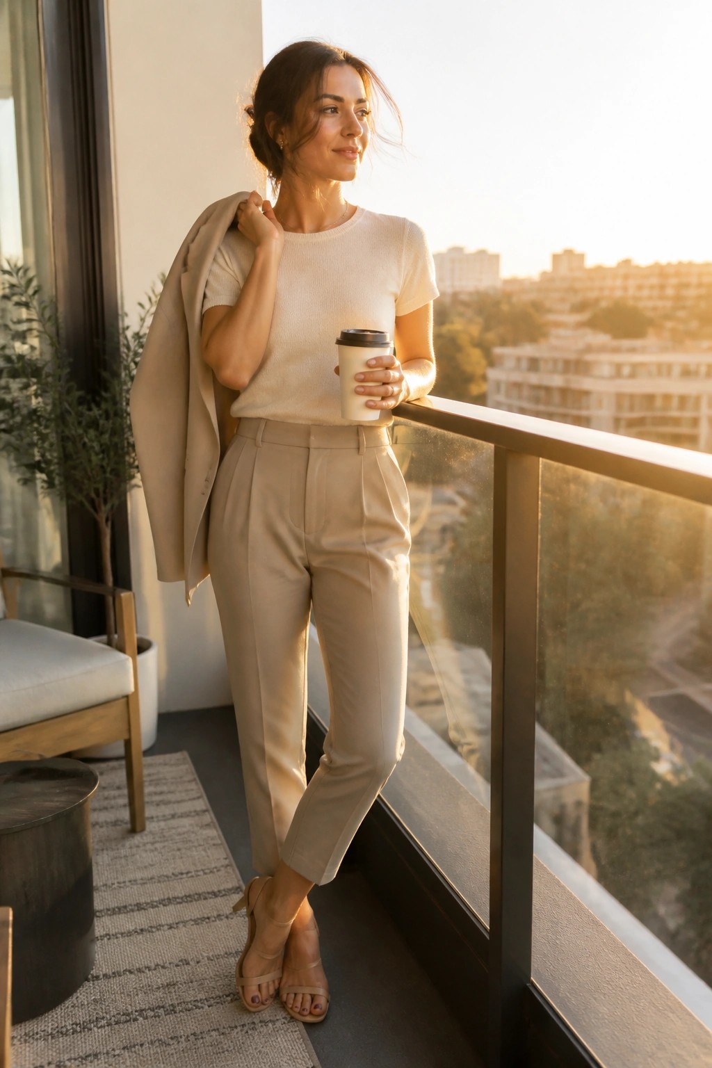 Woman in beige sweater and trousers holding coffee on sunset balcony