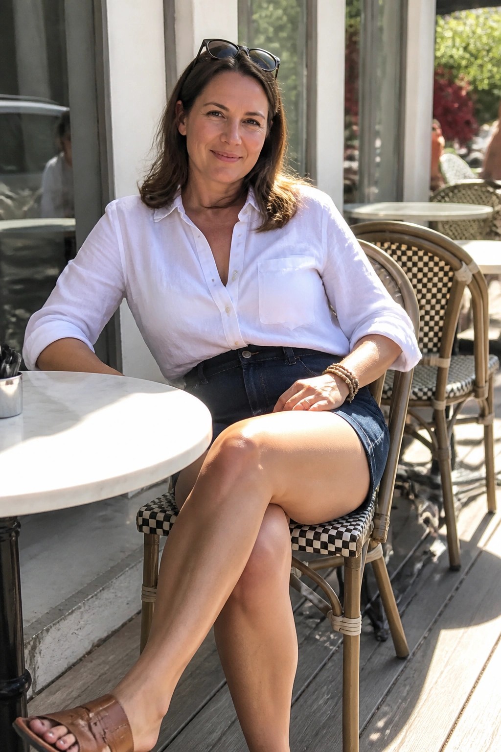 Woman in white shirt and denim skirt seated at sunny outdoor cafe table