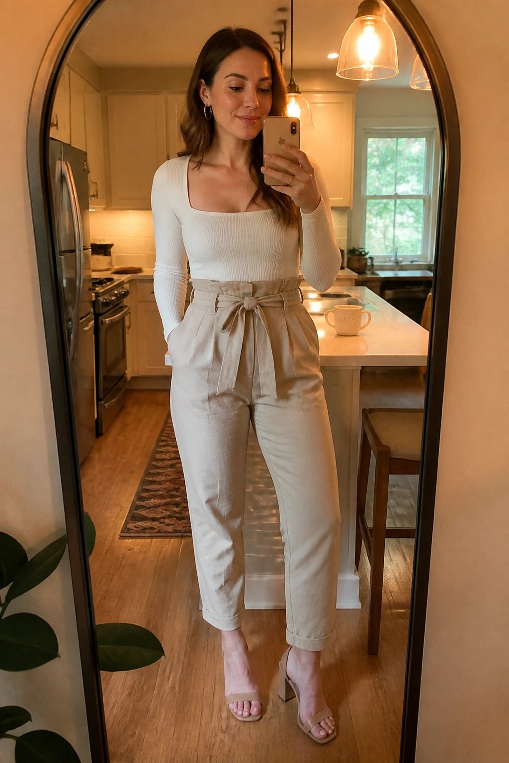 Woman in white top and belted beige pants taking mirror selfie in kitchen.