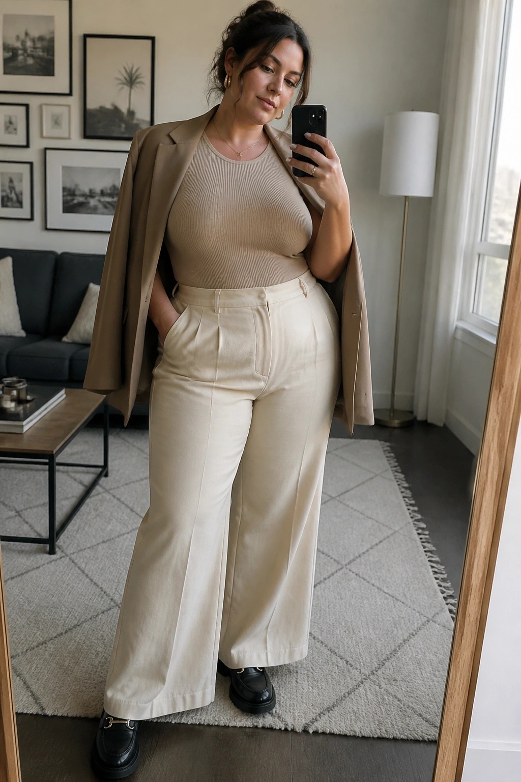 Plus size woman in mirror selfie wearing cream wide leg pleated trousers, beige ribbed tank top, taupe blazer draped over shoulders, and black loafers with gold hardware.