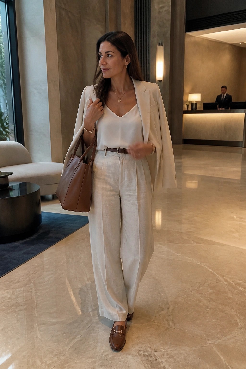 Stylish woman in cream suit with brown leather bag in marble lobby
