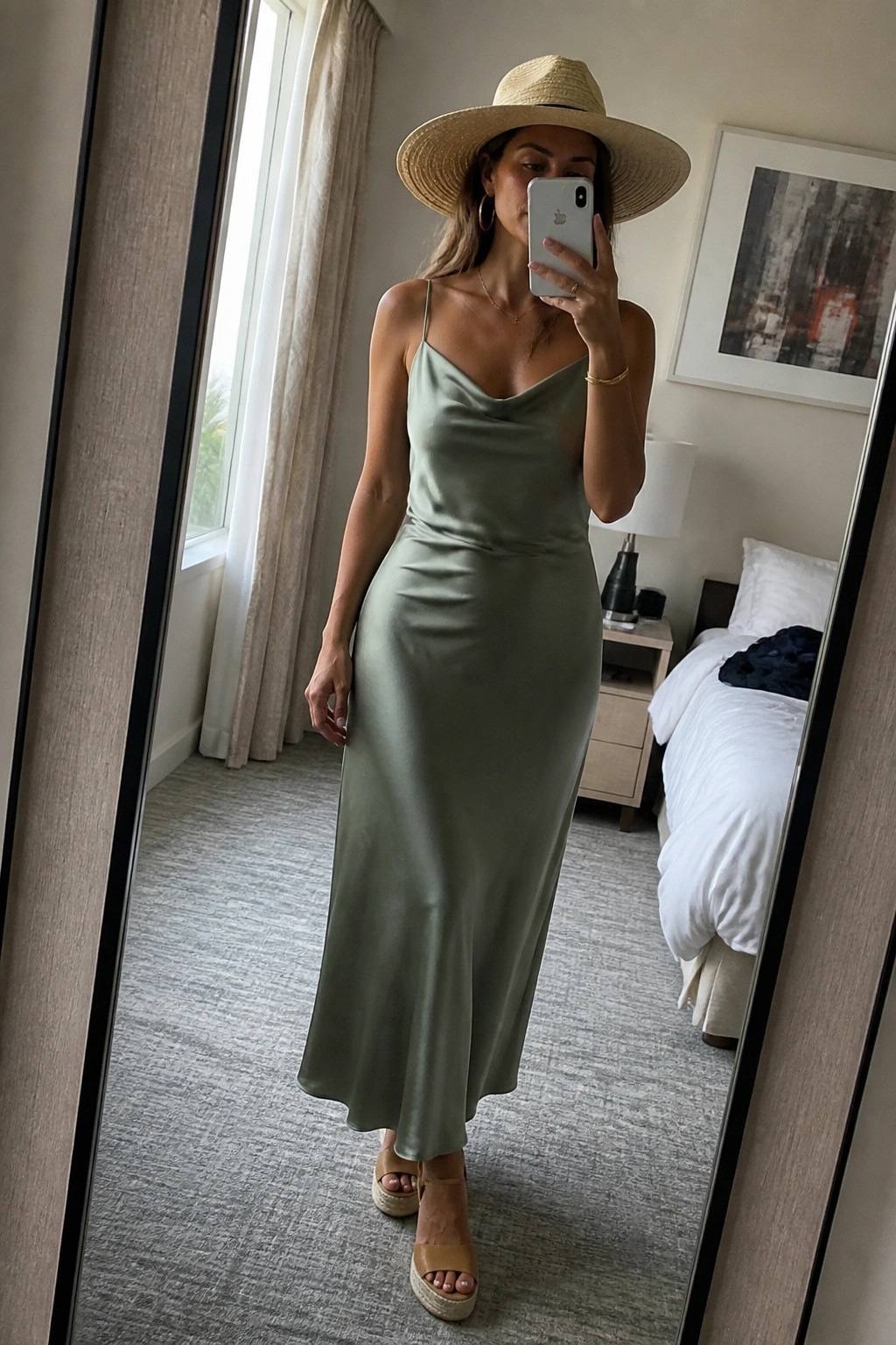 Woman in sage green satin dress and straw hat taking bedroom mirror selfie