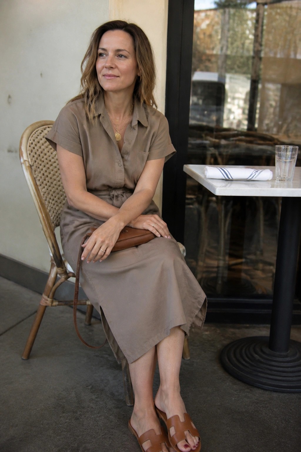 Woman in taupe shirt dress seated at outdoor cafe table with water glass