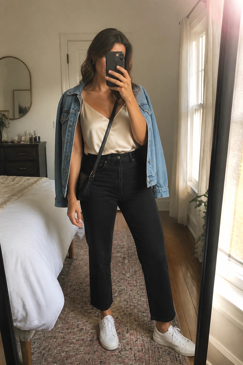 Woman in mirror selfie wearing blue denim jacket over cream satin camisole, black straight leg jeans, white sneakers, and black crossbody bag.