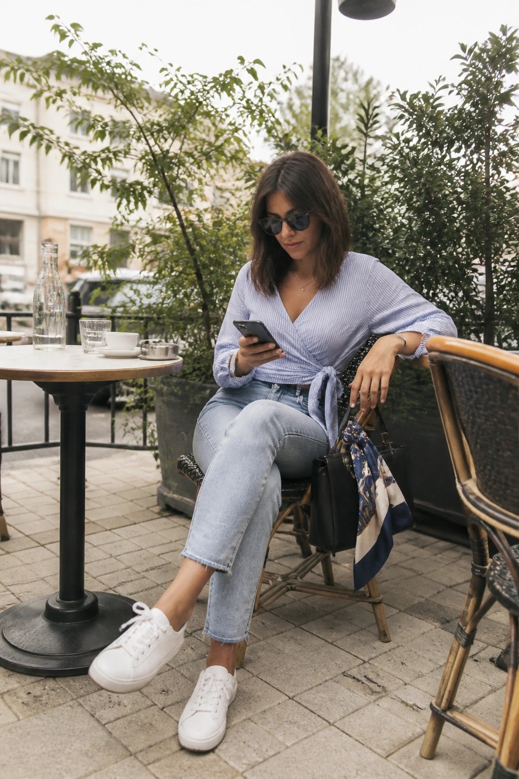 A woman in a blue and white striped wrap blouse tied at the waist, light wash cuffed jeans, white sneakers, and a black handbag with a patterned scarf attached to the handle.