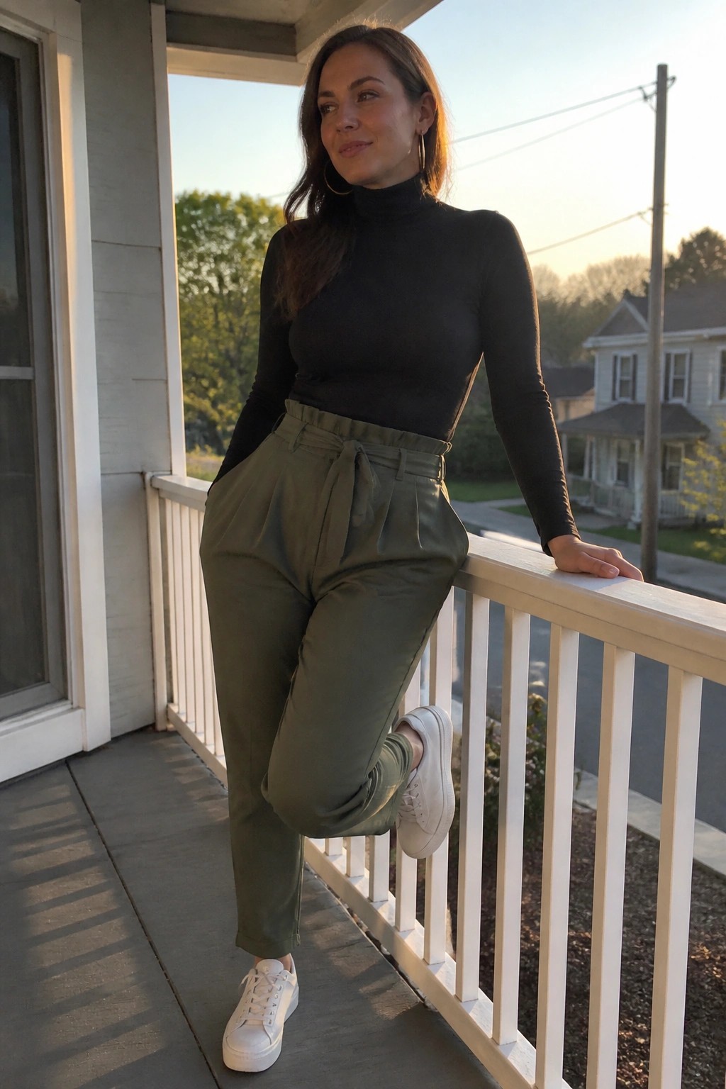 Woman in black turtleneck and olive pants posing on porch railing at sunset