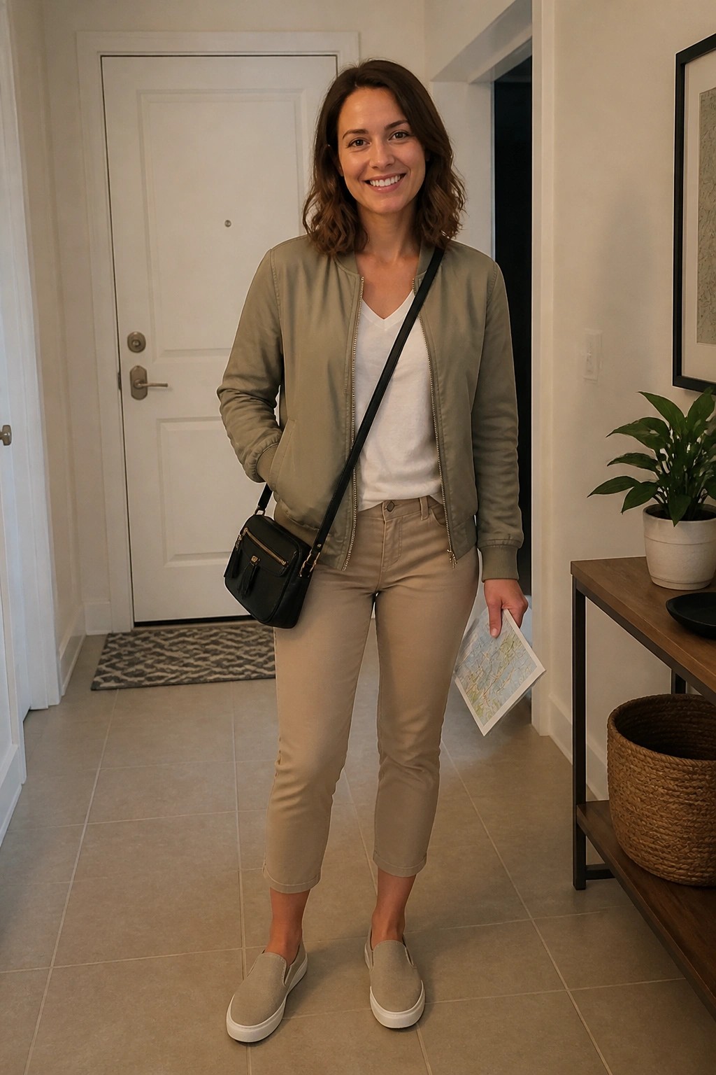 Woman wearing a sage green bomber jacket over a white v neck tee with beige cropped pants beige slip on sneakers and a black crossbody bag.